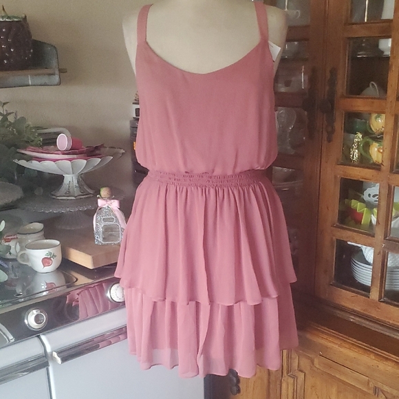 Express Pink Tiered Ruffled Scoop Neck Mini Dress - Picture 1 of 7
